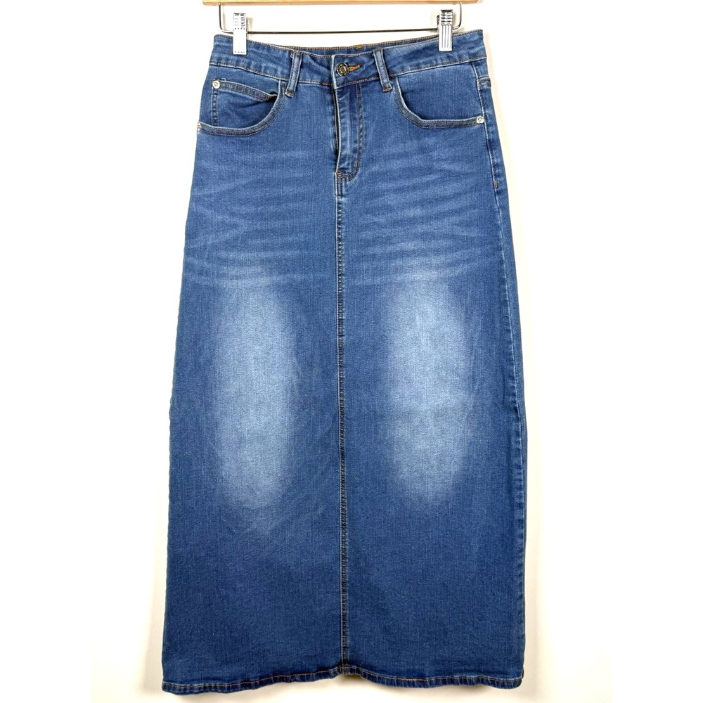 Y2K Retro High-Waisted Stretch Denim Maxi Skirt Womens 8 Blue Jean Modest NWOT